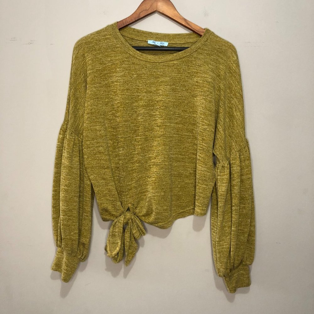 She + Sky Bubble Sleeve Crew Neck w/ Tie Front Mustard Small